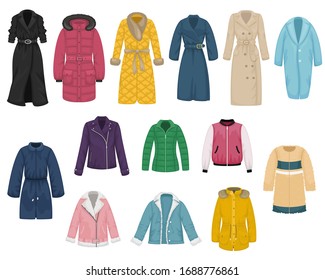 Set of flat vector women's outerwear. Trench coat, raincoat, overcoat, quilted coat, bomber, fur coat, sheepskin coat, leather jacket.