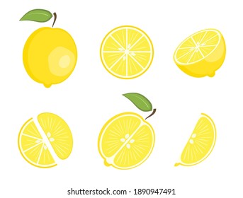 Conjunto de lonas enteras planas vectoriales amarillas y trozos de fruta - divididas en dos partes a lo largo y ancho, círculo y cuña, una rebanada de limones. Frutos de verano coloridos para el diseño de iconos, pegatinas