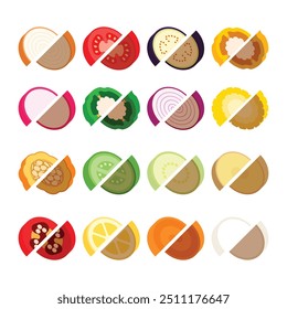 A set of flat vegetables slices, cross sections of Daikon, Pumpkin, Onion, Tomato, Bell Pepper, Eggplant, Potatoes, zucchini, Radish, peas, Lemon, carrot,corn, cucumber, chilli, vector illustration 