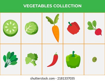 Set of flat vegetables vector. Icon set of healthy food. Vegetarian sign. Isolated on white background. Vector eps 10.