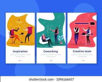 Set Of Flat Vertical Banners Coworking, Creative Team, Inspiration Isolated On Blue Background Vector Illustration 