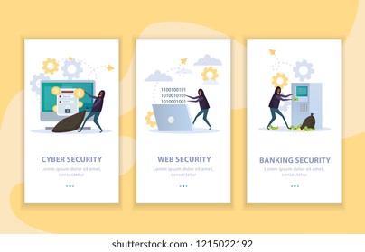 Set of flat vertical banners cyber security protection of internet resources and banking equipment isolated vector illustration   