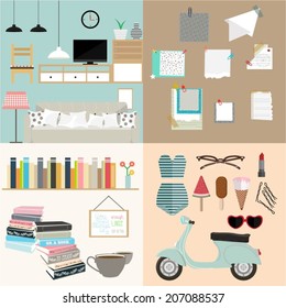 Set of flat vintage design concept illustrations of interior, note cards, book library and summer retro elements.