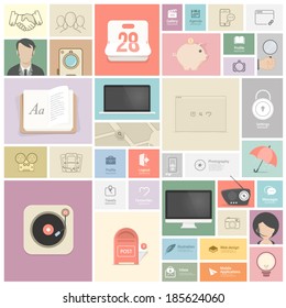 Set of flat vintage elements:  Objects and icons for website, mobile, personal portfolio  and print templates