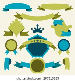 Set of flat vintage ribbons, banners and badges in vector