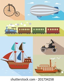 Set of flat vintage transportation icons: bycicle, zeppelin, train, pirat ship, car, steamboat. 