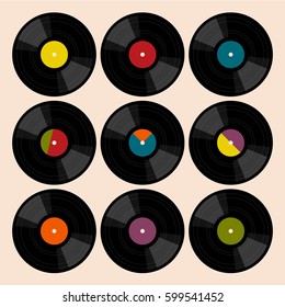 Set of flat vinyl records.