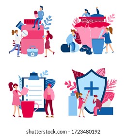 Set of Flat virus persons concepts. Catch a cold. Tiny doctors make flu shot. Healthcare banner for website, apps.