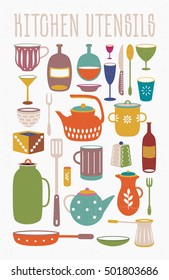 Set of flat ware. Vintage kitchen utensils. Multi-colored poster. Dishware color