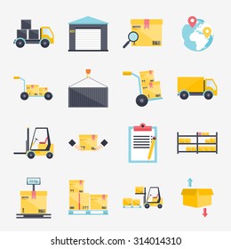 Set of flat warehouse icons logistic blank and transportation, storage vector illustration.
