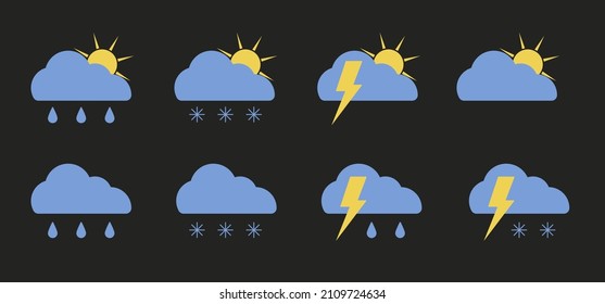 Set of flat weather forecast icons: clouds, rain, snow, lightning 