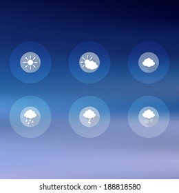 Set of flat weather icons on blurry vector background. Minimalistic web design interface