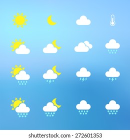 Set of flat weather icons on blurry abstract background.  Modern defocused backdrop may used separately. Vector illustration.