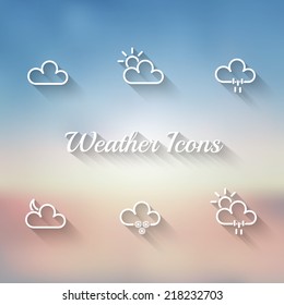 Set of flat weather icons for web and user interface design on blurred abstract background. Vector illustration EPS10.