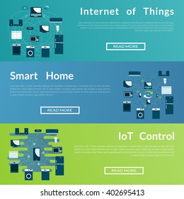 Set of flat  web banners on the theme of  Internet of Things, Smart home. Modern flat vector design. 