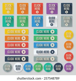 Set Of Flat Web Buttons With Call To Action Text.  Click Here Buttons Feature Popular Color Palette For Flat UI Designs And Long Drop Shadows. 