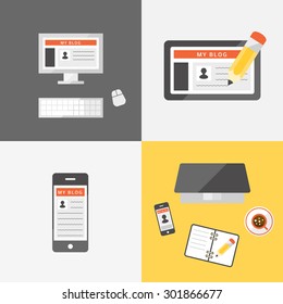 Set of flat web icons of blogging. Blog, web-site concept. Type of journalism.