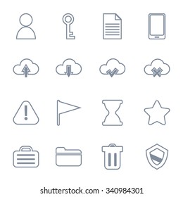 Set of flat web monochrome icons with outlines for infographics: people, password, file, phone, download, upload, success, fail, error, notification, waiting, star, portfolio, folder, delete, guard