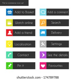 Set of flat web rectangular buttons with icons for web design, e-commerce, 