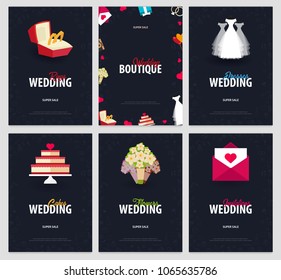 Set of Flat Wedding agency banners with hand draw doodle on a background. Vector illustration