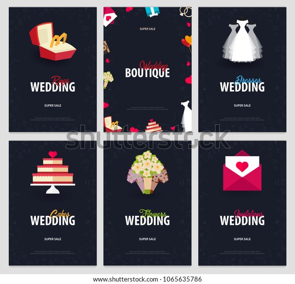 Set of Flat Wedding\
agency banners with hand draw doodle on a background. Vector\
illustration
