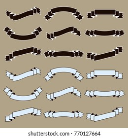 Set of flat white and black isolated silhouettes of ribbons banners on a brown background