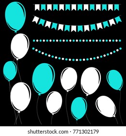 Set of flat white and blue isolated silhouettes of balloons on ropes and garlands of flags.