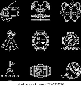 Set of flat white contour vector icons for diving and snorkeling equipment on black background.