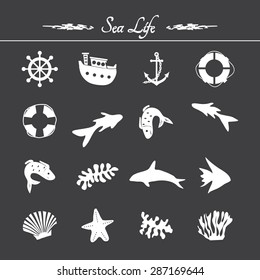Set of flat white icons marine life on the black background. Vector illustration.