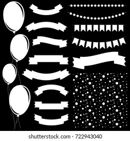 Set of flat white isolated silhouettes of balloons on ropes and garlands of flags. A set of ribbons of banners of different shapes. Background in the form of confetti.