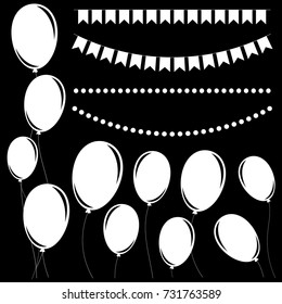 Set of flat white isolated silhouettes of balloons on ropes and garlands of flags.