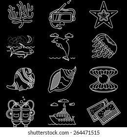 Set of flat white line vector icons for sea life, diving and snorkeling on black  background.