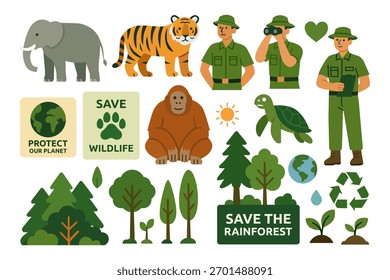 Set von flachen Naturschutzressourcen. Natur- und umweltfreundliche Illustrationsobjekte