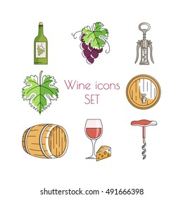A set of flat wine icons in color on white isolated background. Ideal for winery. 