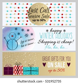 Set of flat winter holidays and Christmas banners for sale, shopping discounts and greeting cards. Simple design for flyers, cards, posters, vouchers and other printed materials.