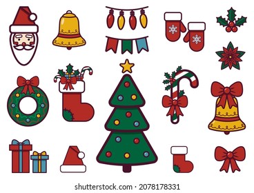 Set of Flat winter icons. Holiday Signs and Symbols. Tree, Candy, Santa Claus, snowflake, snowman, bow, sock, bell, nutcracker. Vector Illustration of christmas and new year holidays