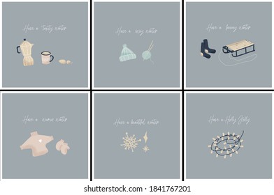 Set of flat winter minimalistic greeting cards in cartoon style. Vector cards with winter elements and wishes. Sweater, socks, garland, hat, mittens, sled, coffee pot, mug and snowflakes. Hello winter