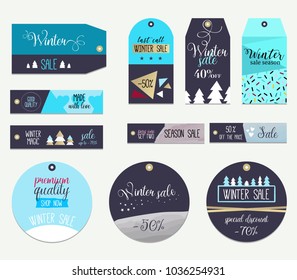 Set of flat winter sale labels and banners. Vector illustrations of season shopping sale ad for website and mobile website banners, posters, newsletter designs, ads, coupons, social media banners.