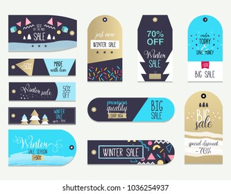 Set of flat winter sale labels and banners. Vector illustrations of season shopping sale ad for website and mobile website banners, posters, newsletter designs, ads, coupons, social media banners.