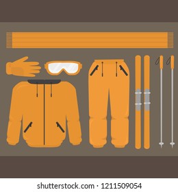 Set of flat winter skiing sport equipment and clothes shop. Thermal warm pants, jacket, glasses and gloves. Ski resort season activities vector illustration.