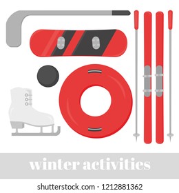 Set of flat winter sport equipment, skiing, hockey, tubing and snowboarding. Snowboard and ice skate . Ski resort activities vector illustration.