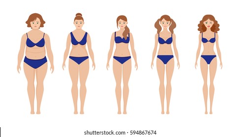 Set of flat women before and after diet vector illustration. Fat and slim girl. Cartoon weight loss woman