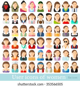 Set of flat women icons in different occupations age and style