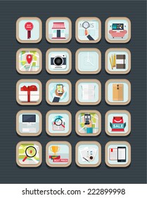 Set of flat wooden icons for navigation, clock, mobile, documents, sales, on line shopping, camera and news. Modern design icons for mobile and web apps, website elements, banners.