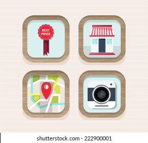 Set of flat wooden icons for navigation, photo camera, technology for finding places and people, award price. Modern design icons for mobile and web apps, website elements, banners.
