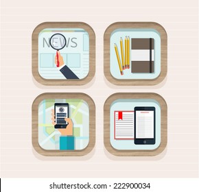 Set of flat wooden icons for searching news, navigation and mobile apps, e book and notebook. Modern design icons and buttons for mobile and web apps, website elements, banners.