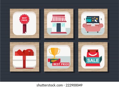 Set of flat wooden icons for shopping sales and discount prices, gift shopping, home shopping and paying per click. Modern design icons for mobile and web apps, website elements, banners.