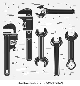 Set of flat wrench icon. Vector illustration. Silhouettes of tools. Set include Adjustable, Pipe and Gear Wrenches.