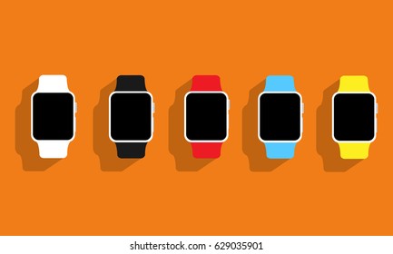 Set Of Flat Wrist Watches Apple Watch On Orange Background. Vector Illustration