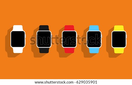 Set of flat wrist watches Apple watch on orange background. Vector illustration